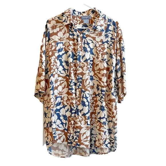 Lord &Taylor Men's XL Silk Hawaiian Camp Shirt Button Down Floral Blue Brown - Picture 1 of 12